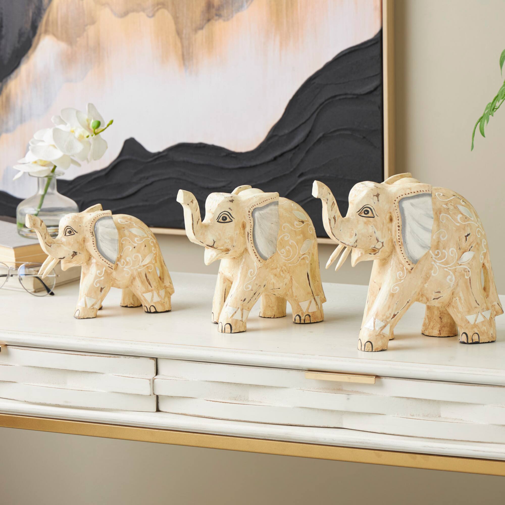 Light Brown Wood Elephant Handmade Sculpture Set, 3ct.